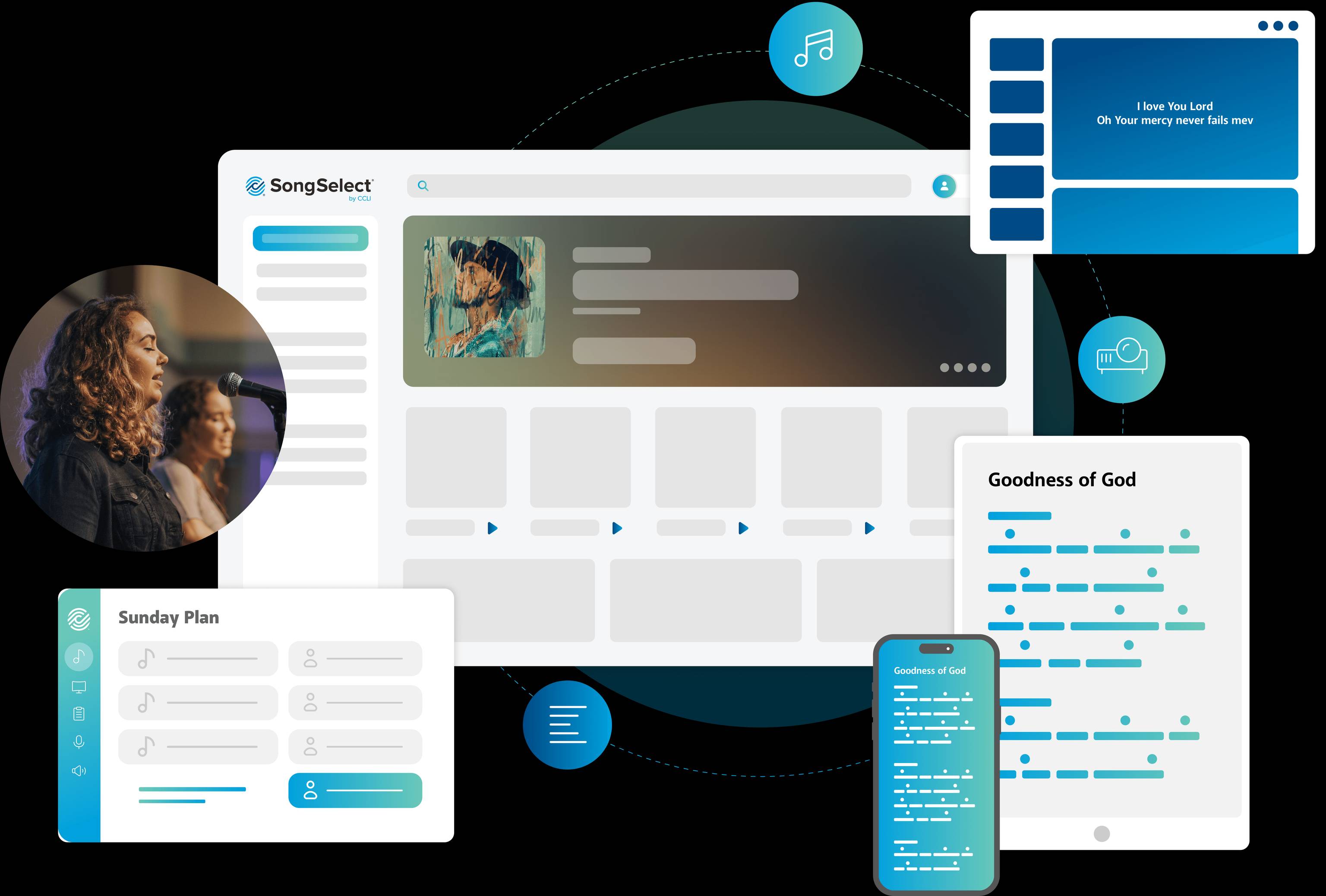 Abstract representation of how SongSelect is used in Powerpoint, sheetmusic, mobile phone, website and in a worship setting