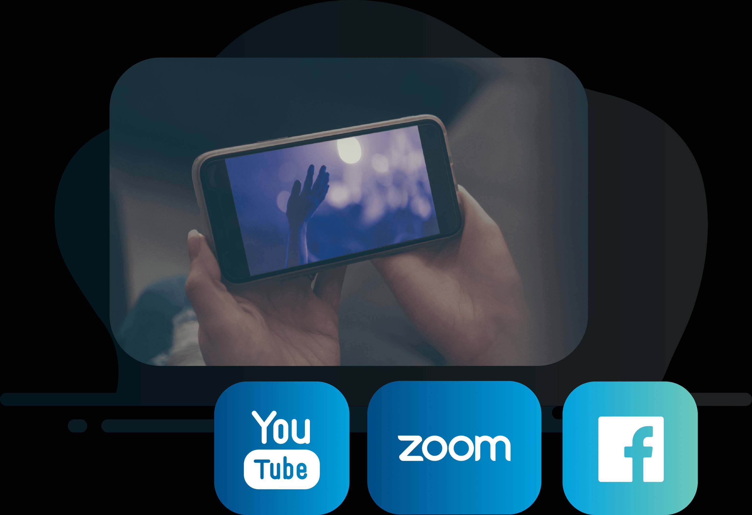 Graphic of someone holding an iphone being streamed church worship service with logos related to YouTube, Zoom, and Facebook.