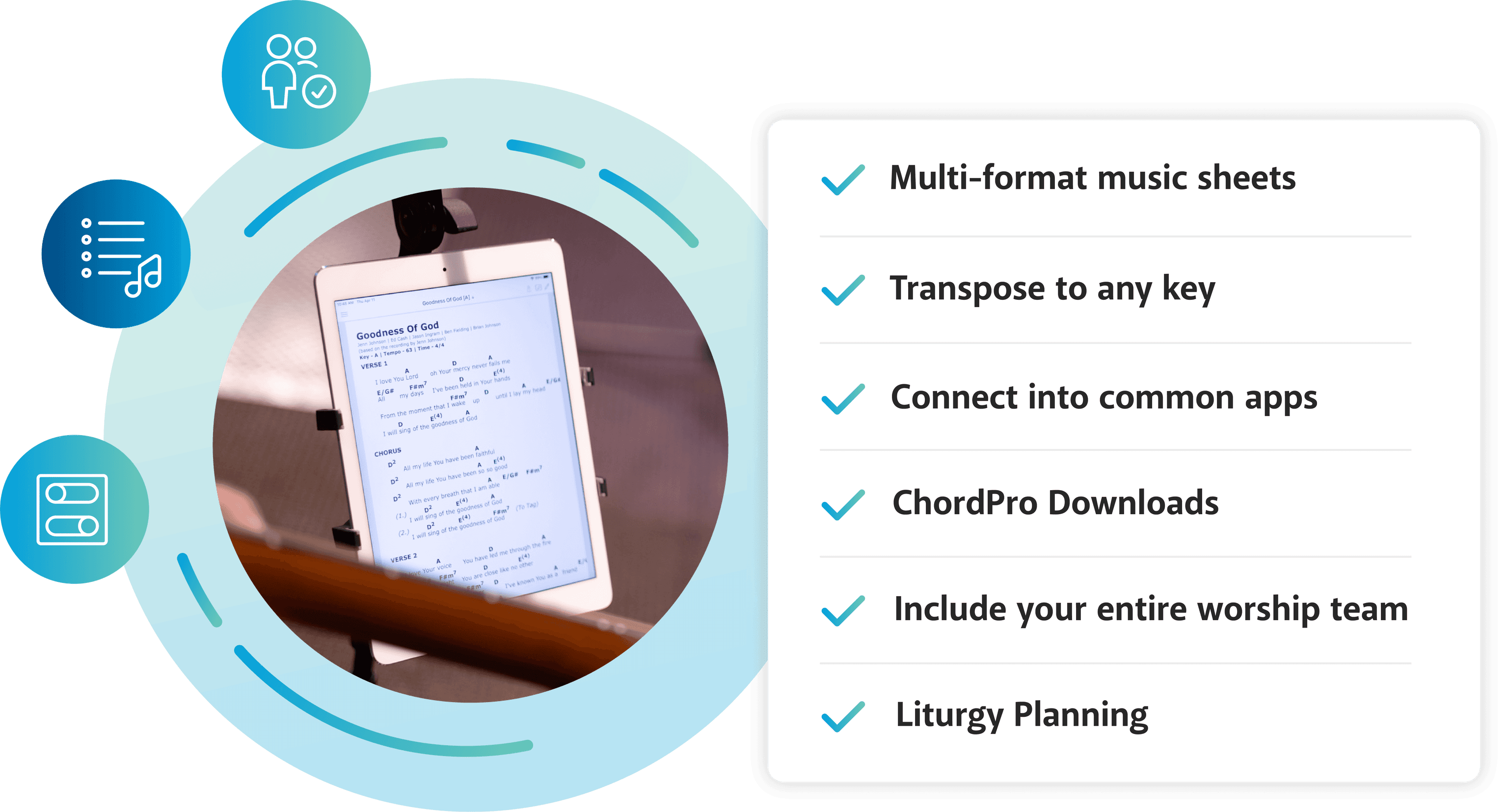 SongSelect Benefits listed with picture of ipad on music stand displaying sheetmusic