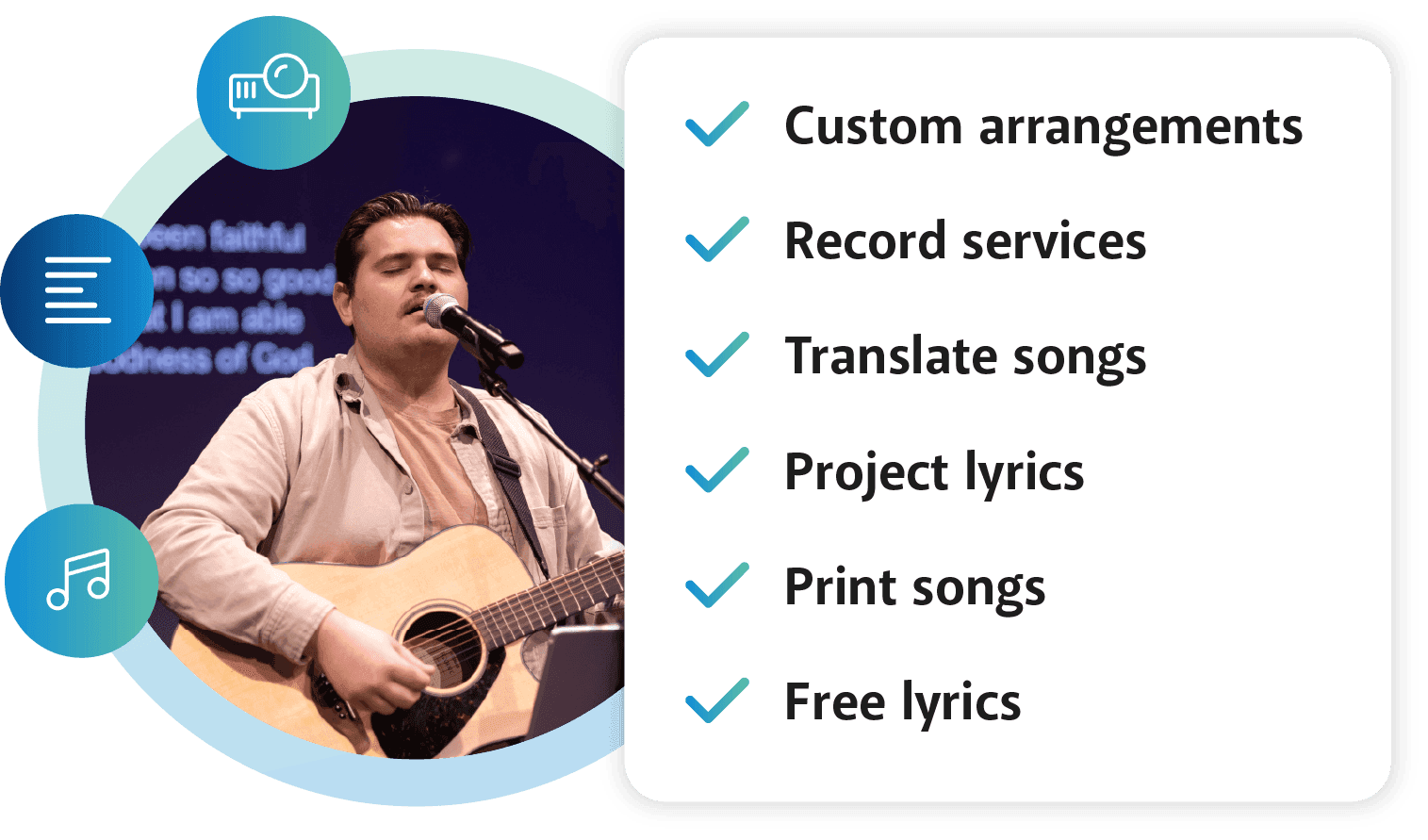 CCL Benefits listed with man playing guitar on stage