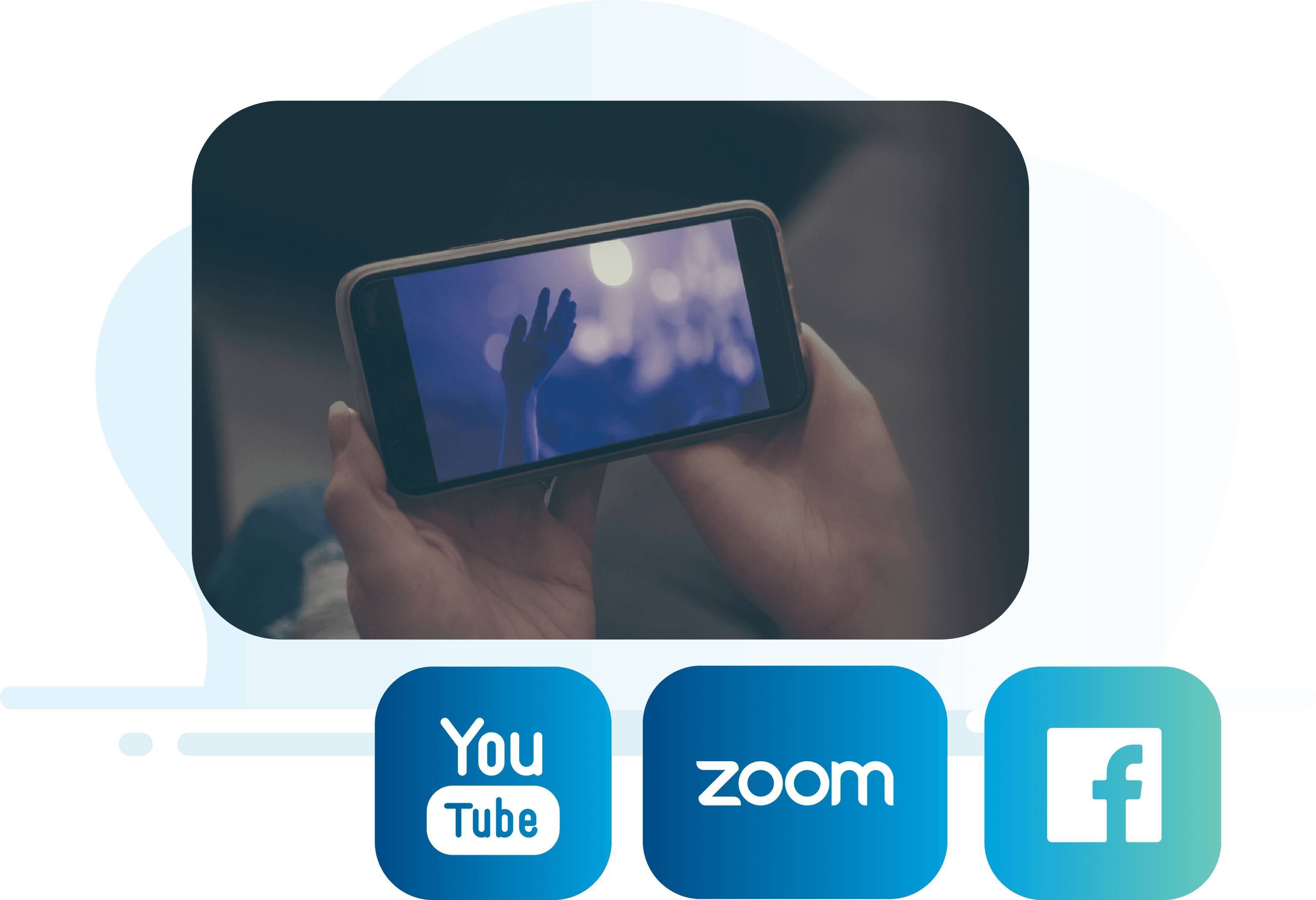 Graphic of someone holding an iphone being streamed church worship service with logos related to YouTube, Zoom, and Facebook.