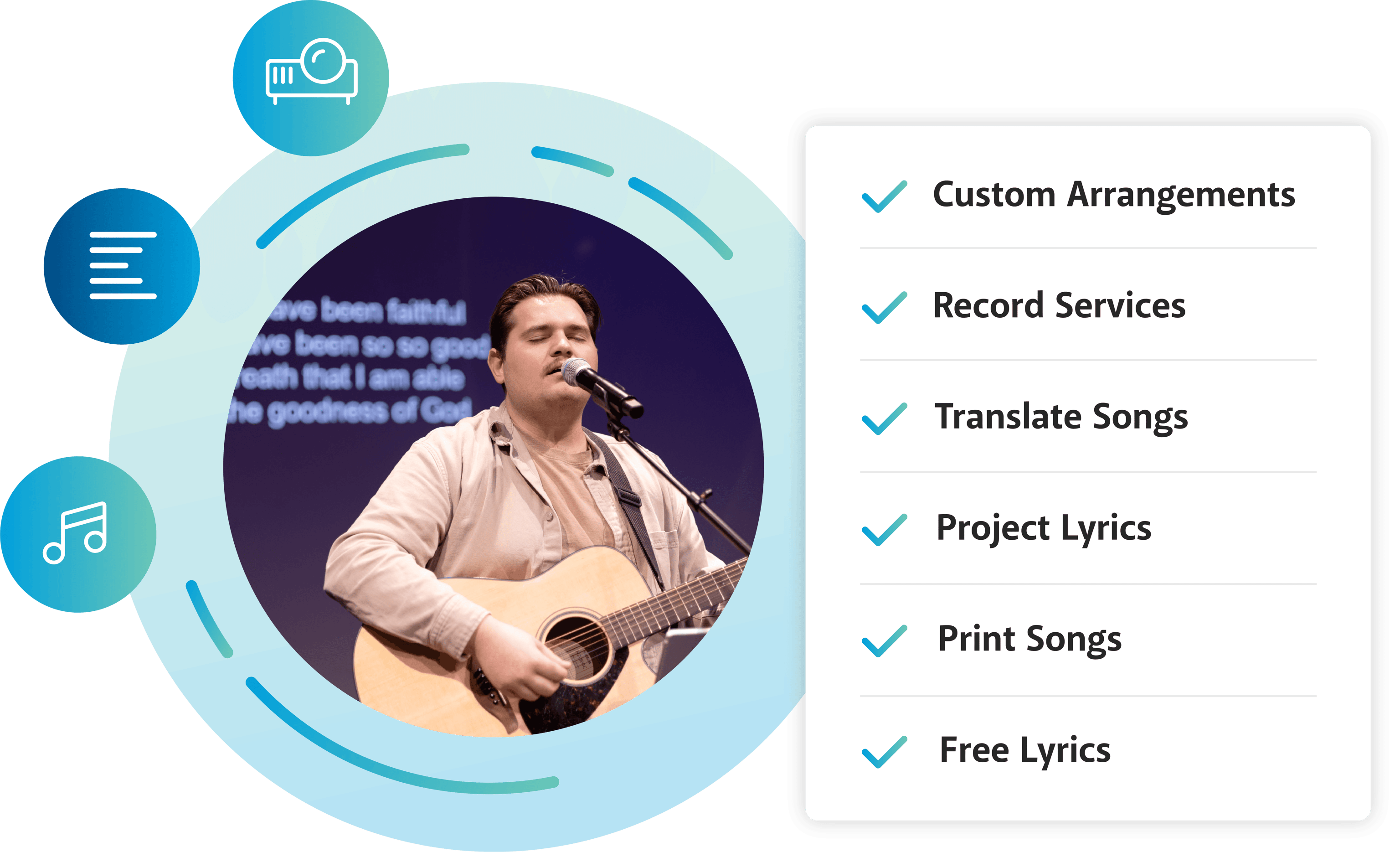 CCL Benefits listed with man playing guitar on stage