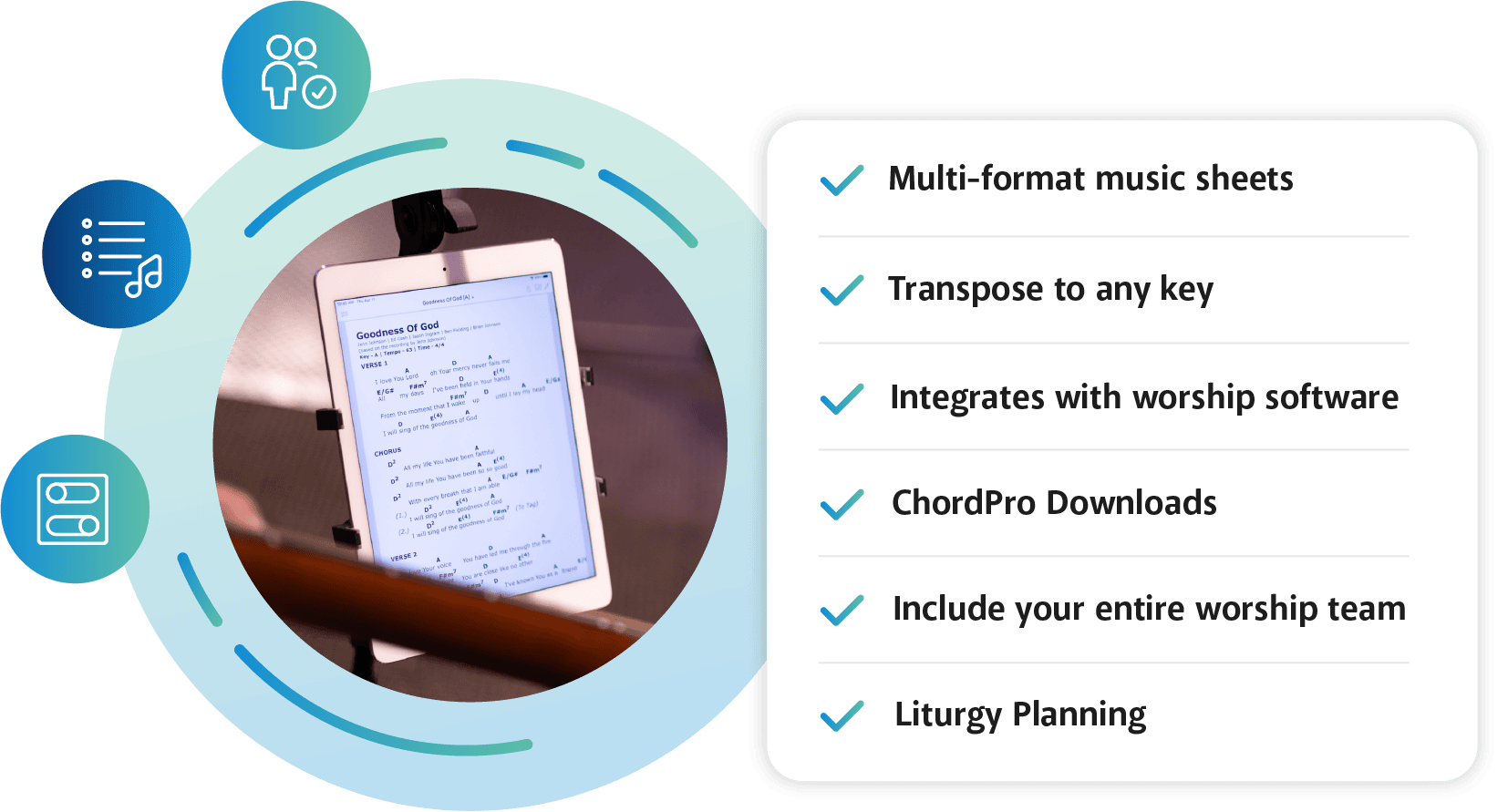 SongSelect Benefits listed with picture of ipad on music stand displaying sheetmusic