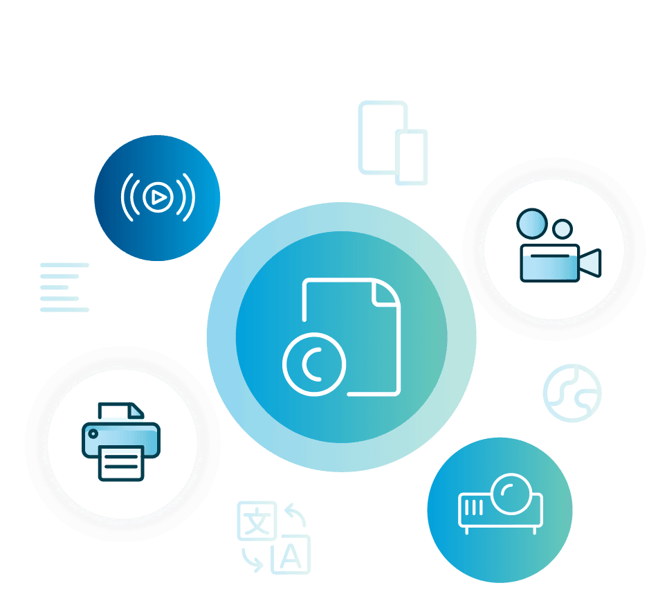 Multiple icons to illustrate all things "copyright". The icons include a play button, a printer, a movie camera, a projector, a globe, words being translated, and smart devices.