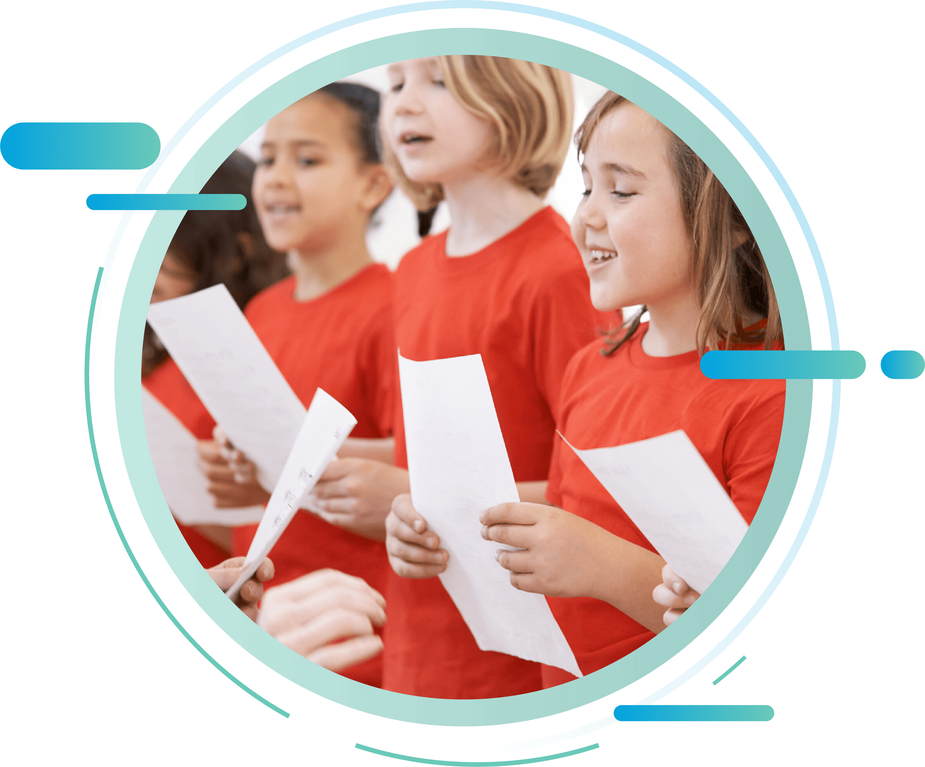 Children wearing matching shirts are standing up. They're holding a paper in front of them and singing a song together.