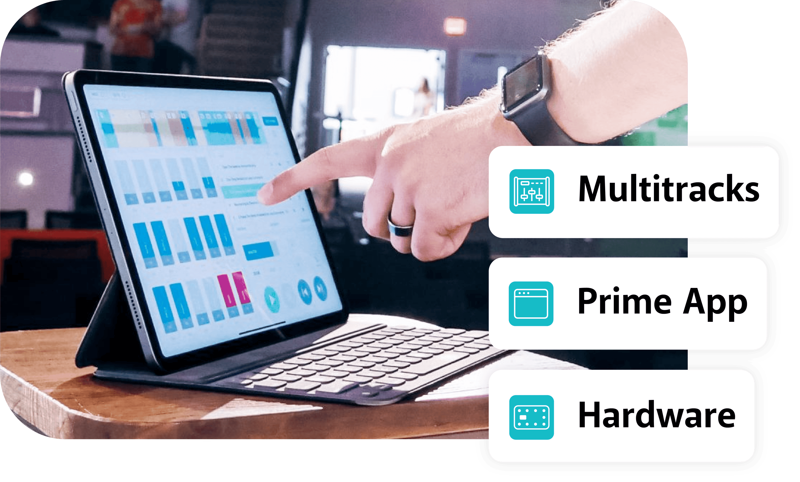 A person touching an ipad screen display a LoopCommunity app with the words displayed: Multitracks, Prime App, Hardware.