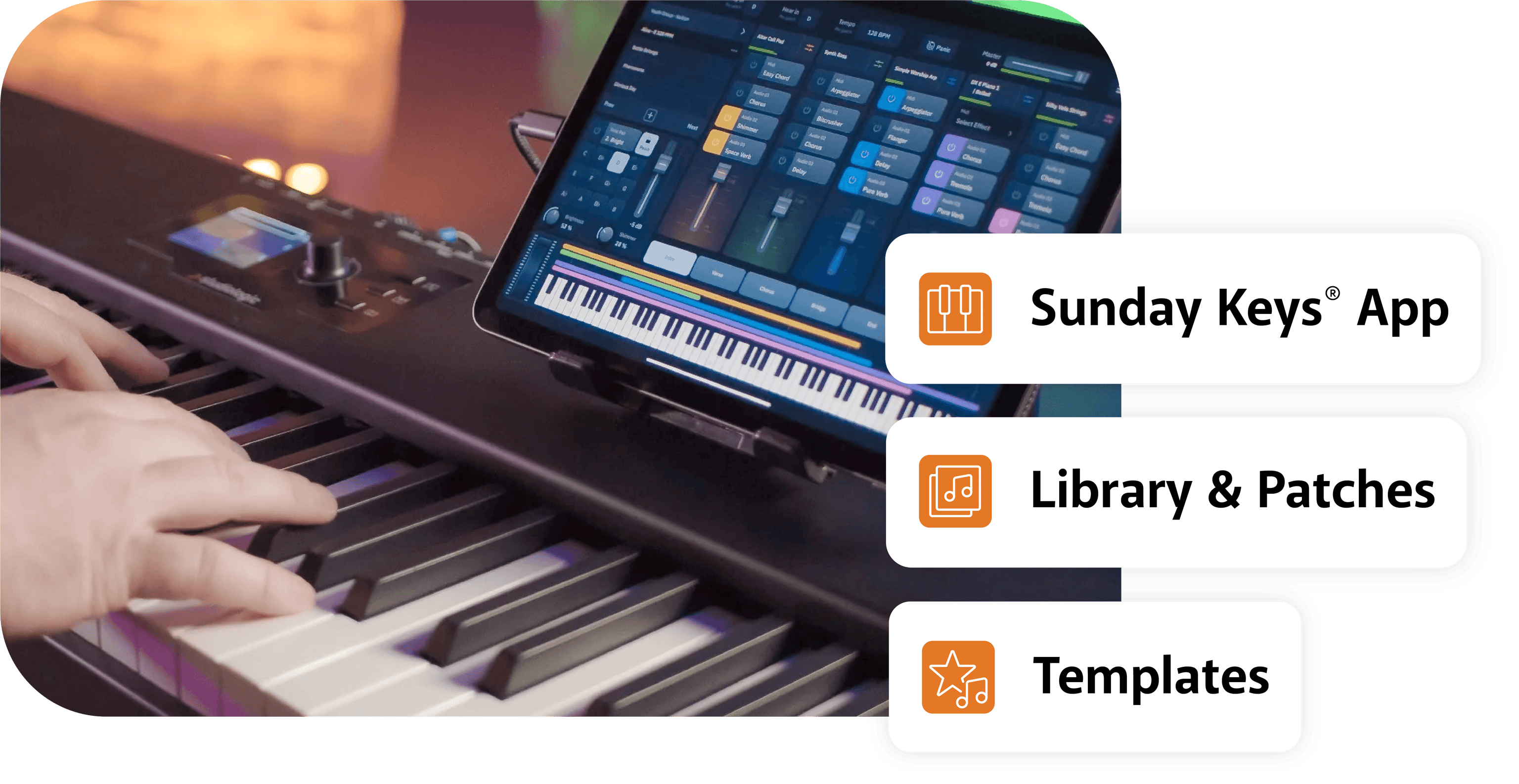 A person playing the keyboard with an ipad app displayed showing Sunday Sounds, along with the words: Sunday Keys App, Library & Patches, Templates