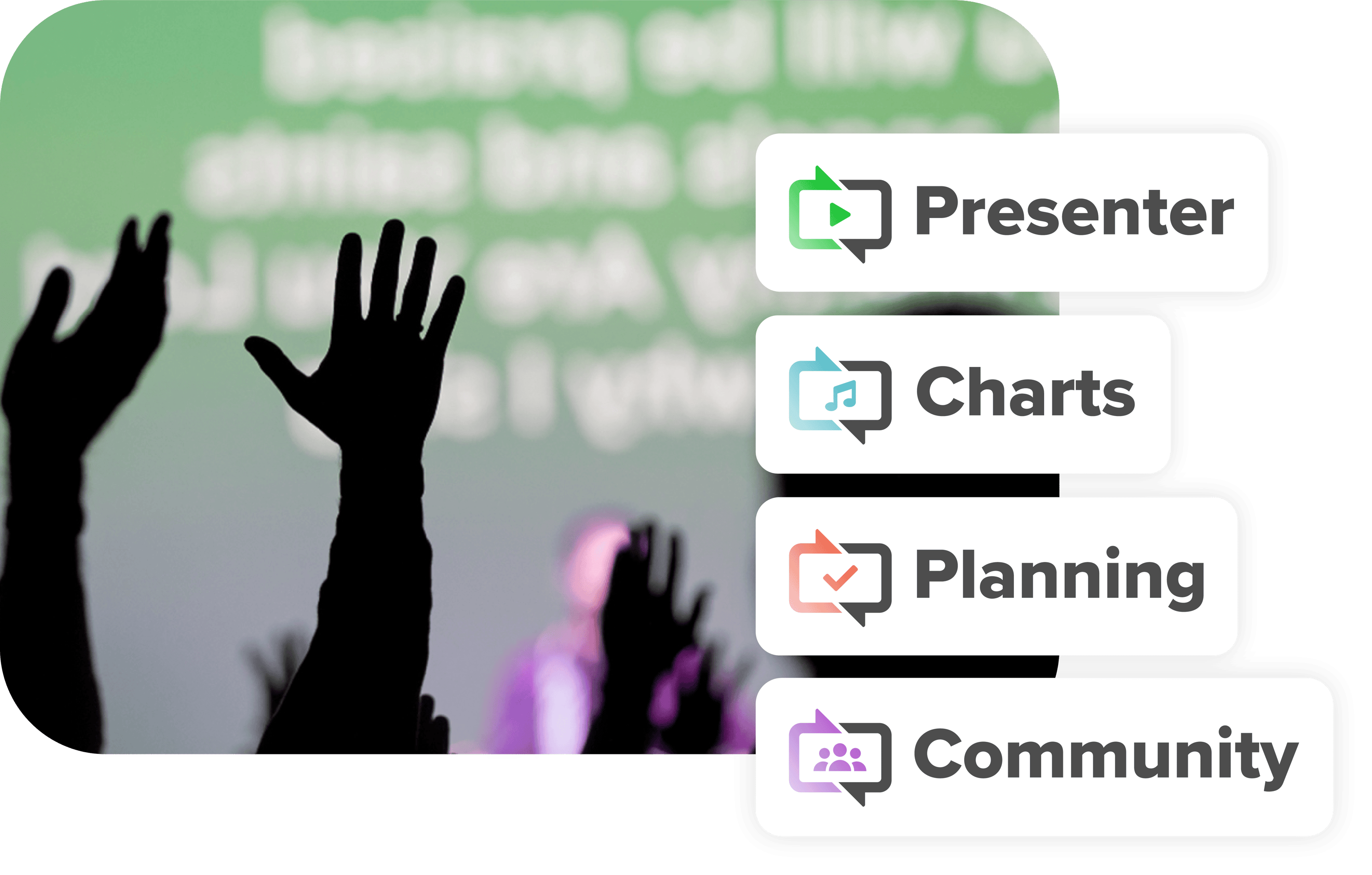 Silouhette of hands raised with the app of WorshipTools displayed: Presenter, Charts, Planning, Community. 