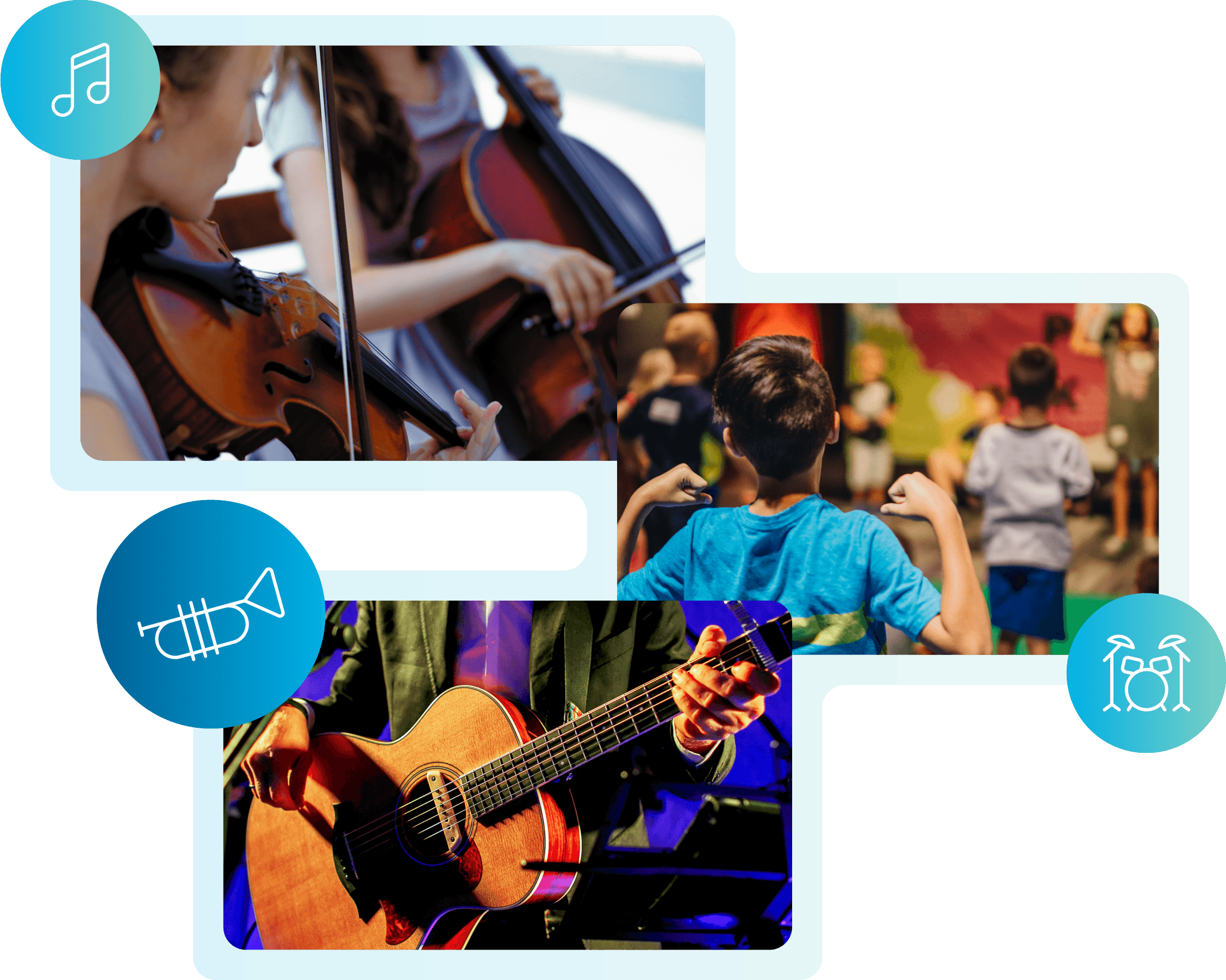 Three images shown. The first is two people holding a violin and cello. The second are children participating in kids worship. The third is a person holding an acoustic guitar with a capo on the neck of the guitar.