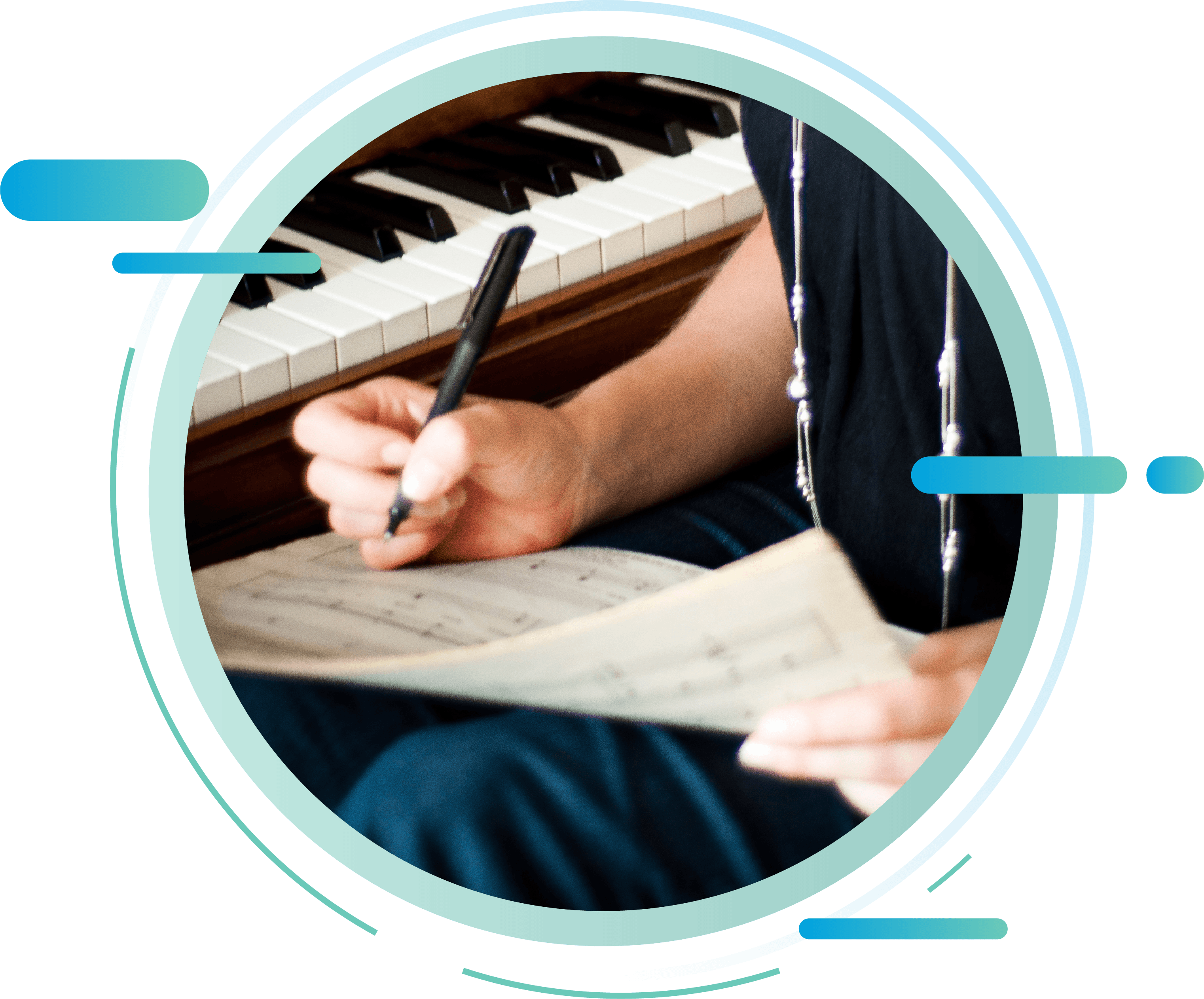 A close-up of a person holding a pen and making notes to a music sheet while sitting next to a piano.