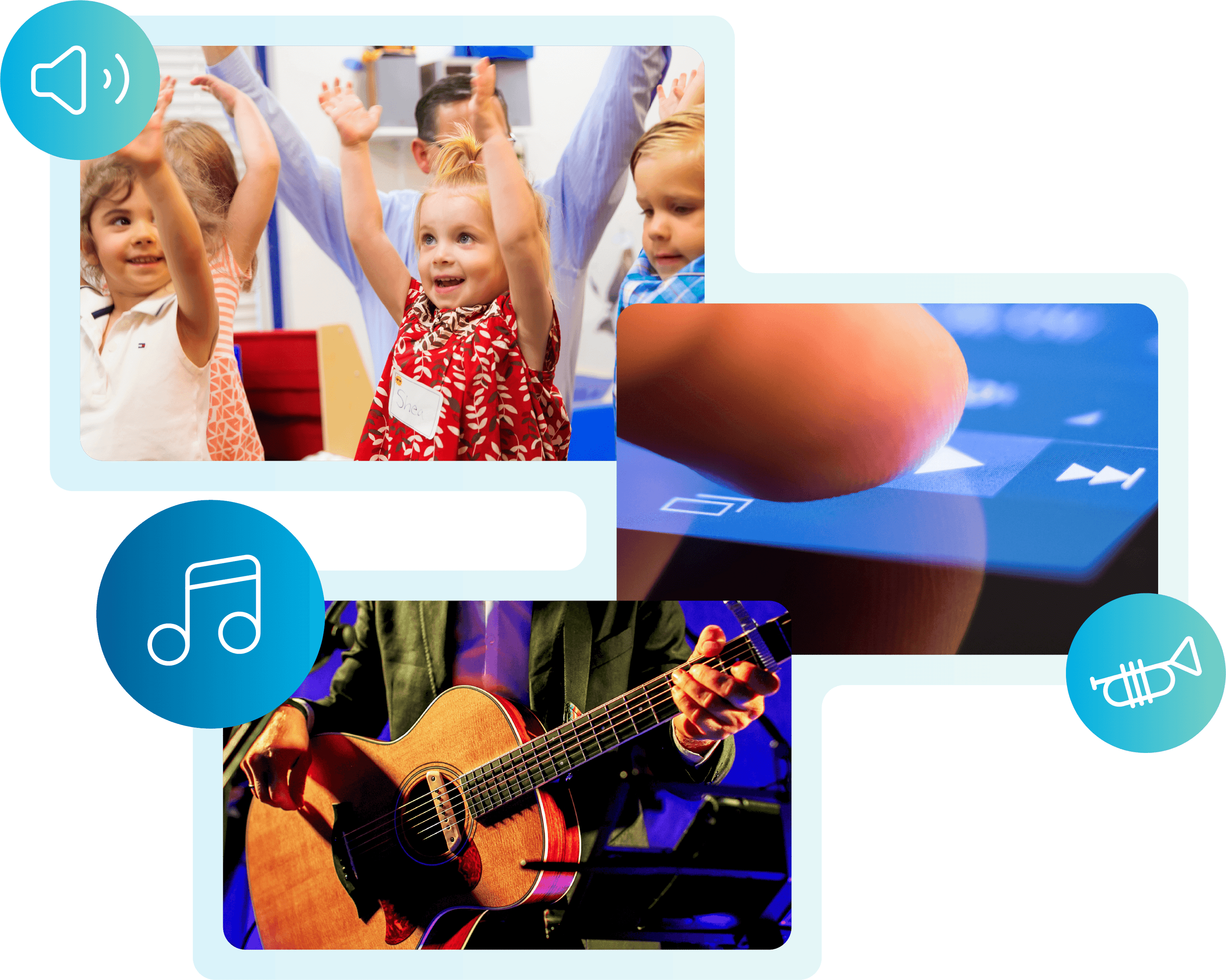 Three images included: The first shows children with raised hands. The second shows a fingertip tapping "play" on a smart device. The third shows a person holding an acoustic guitar.