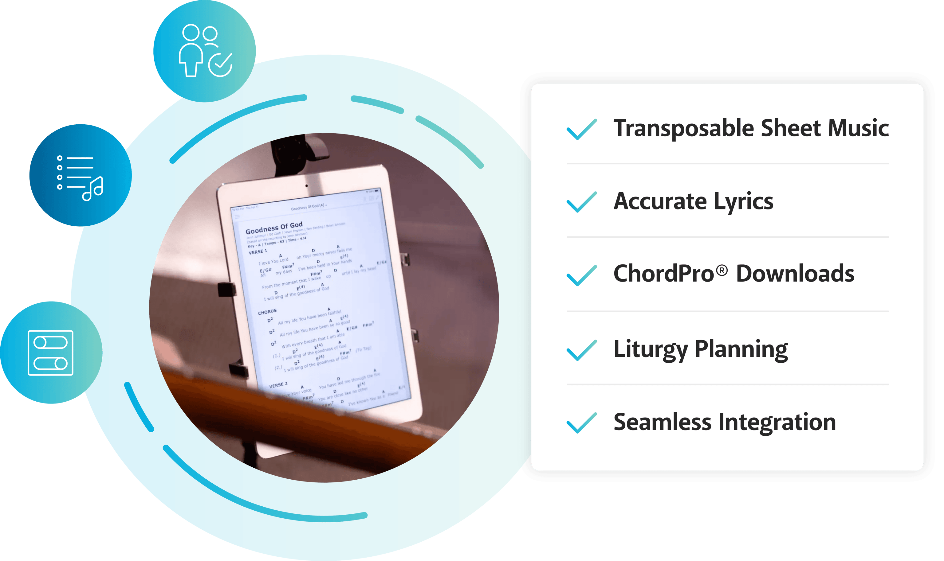 A music stand holds a smart device that displays a Chord Chart for the song "Goodness Of God."