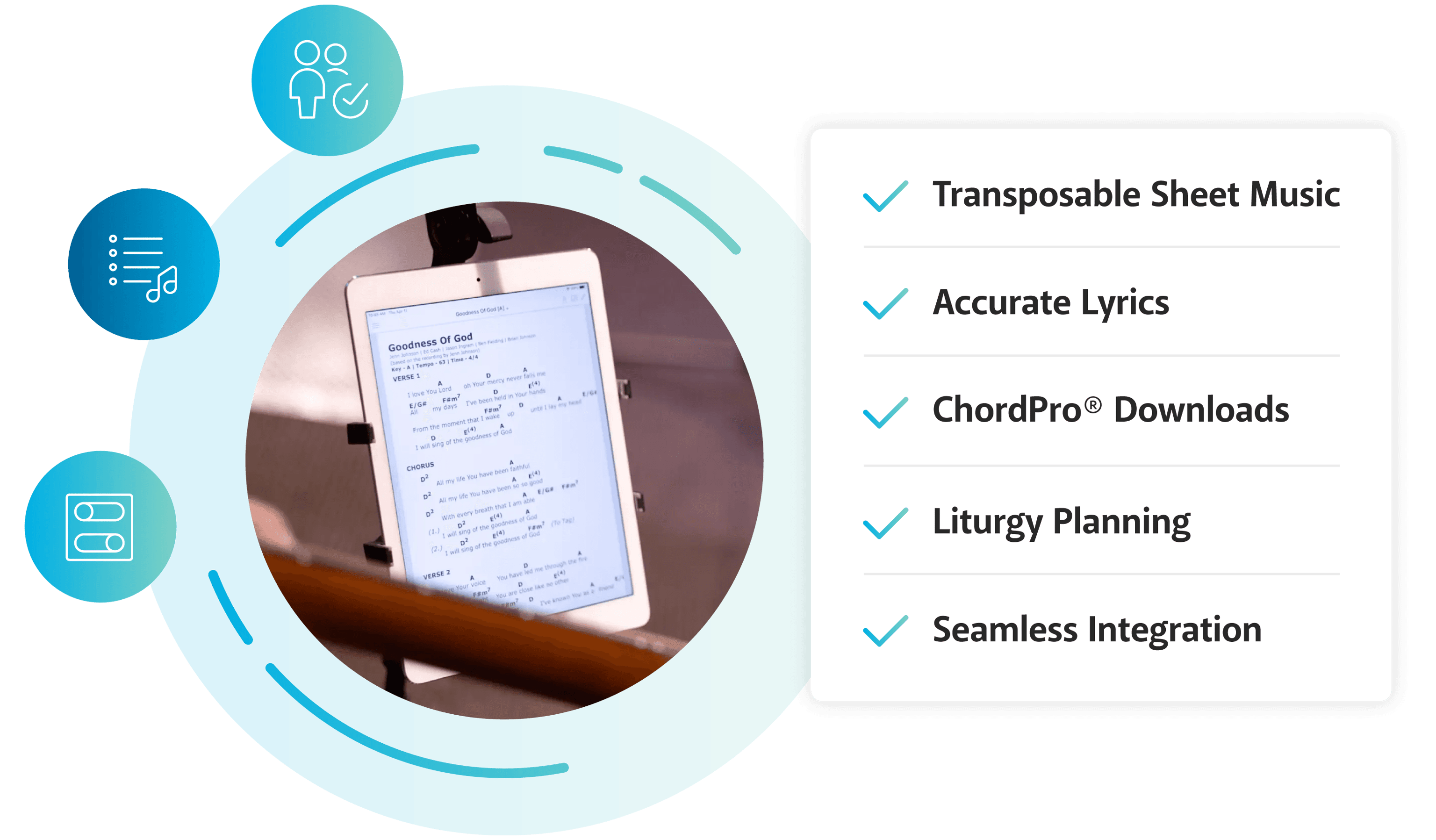 A music stand holds a smart device that displays a Chord Chart for the song "Goodness Of God."