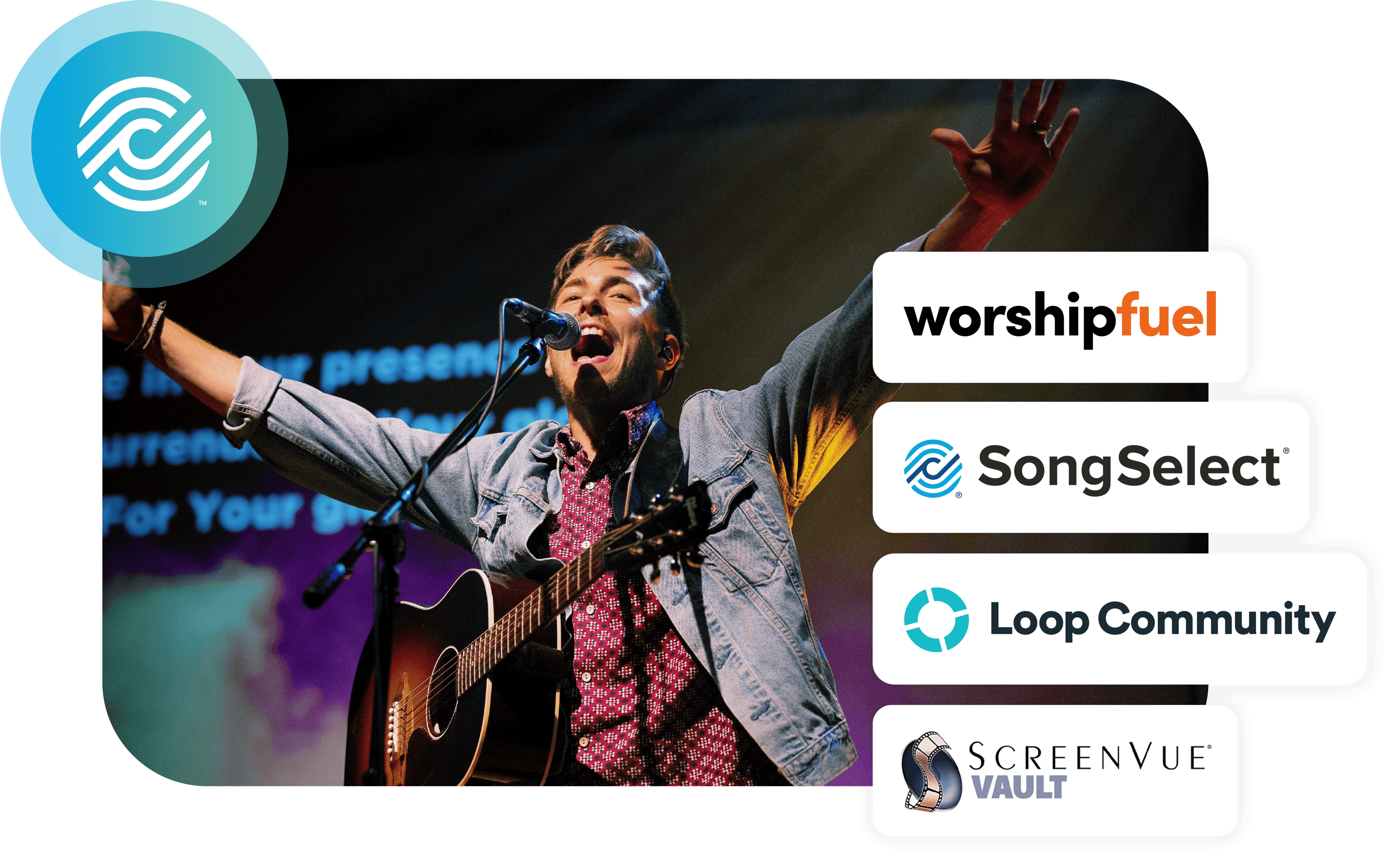 Worship leader with hands raised with the CCLI Family of Logos displayed including: worshipfuel, SongSelect, Loop Community and Screenvue Vault.