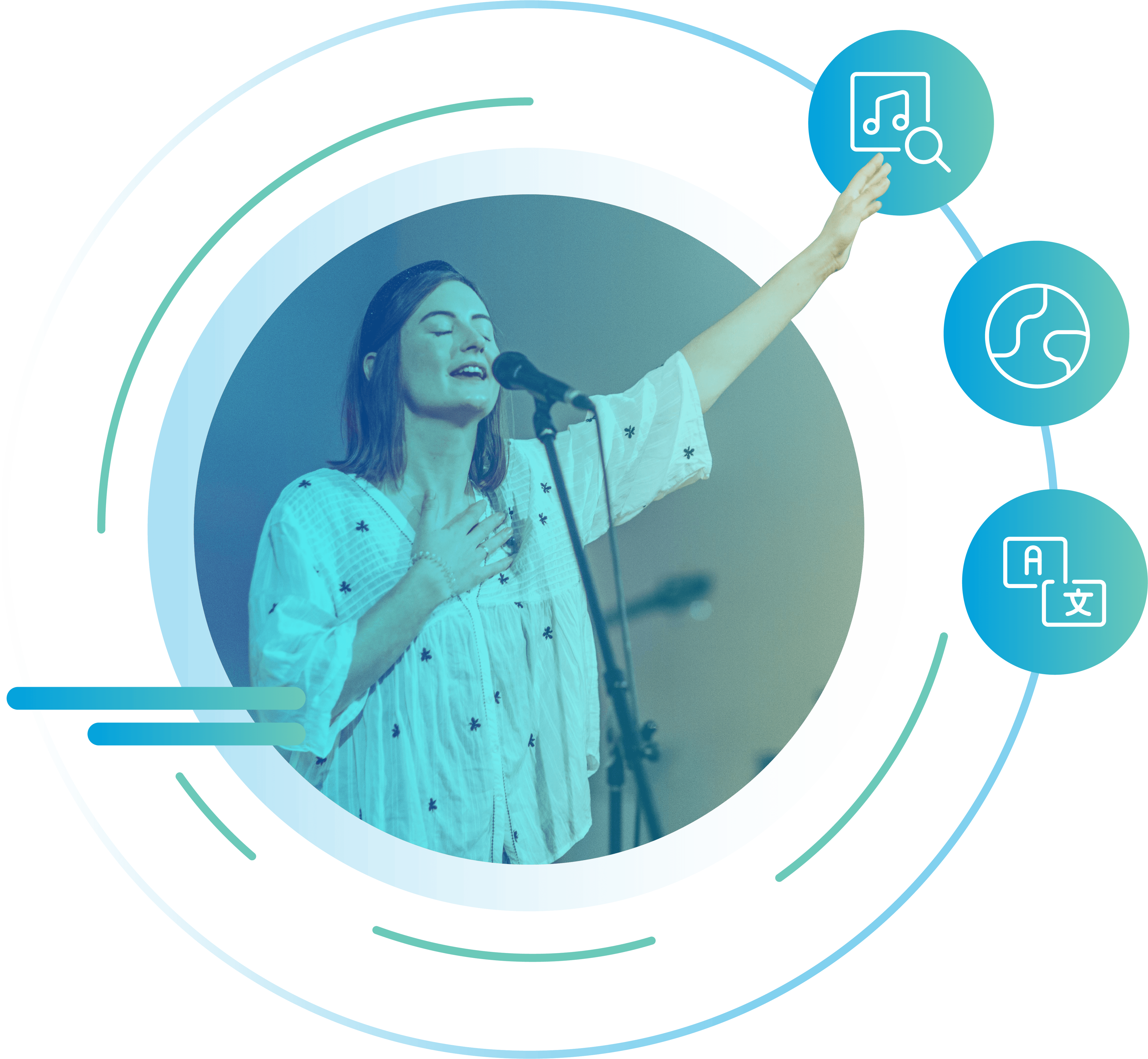 Woman singing worship on stage with hand raised