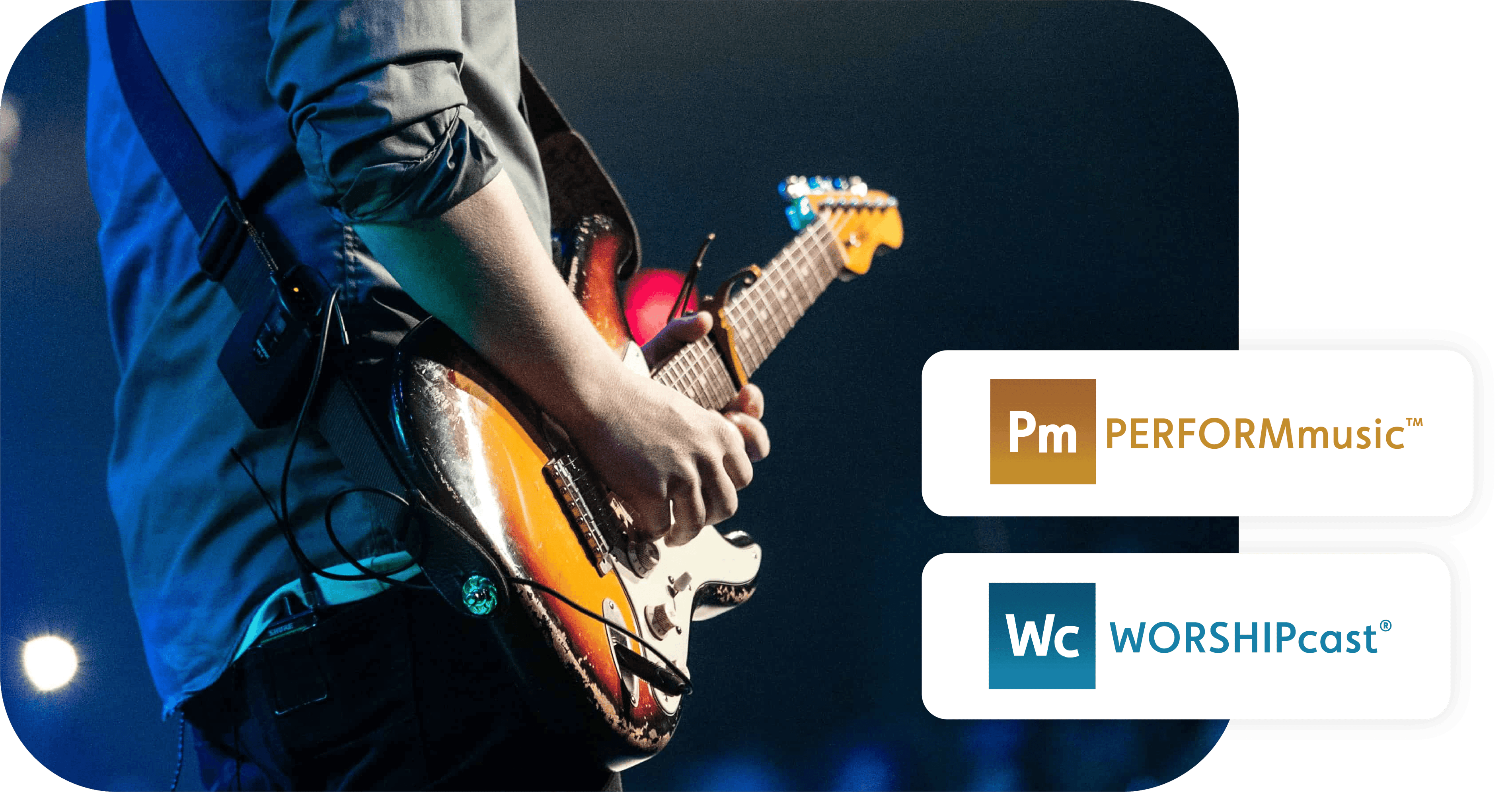 An illustration of a man playing electric guitar next to the CCS PERFORMmusic and CCS WORSHIPcast license logos.