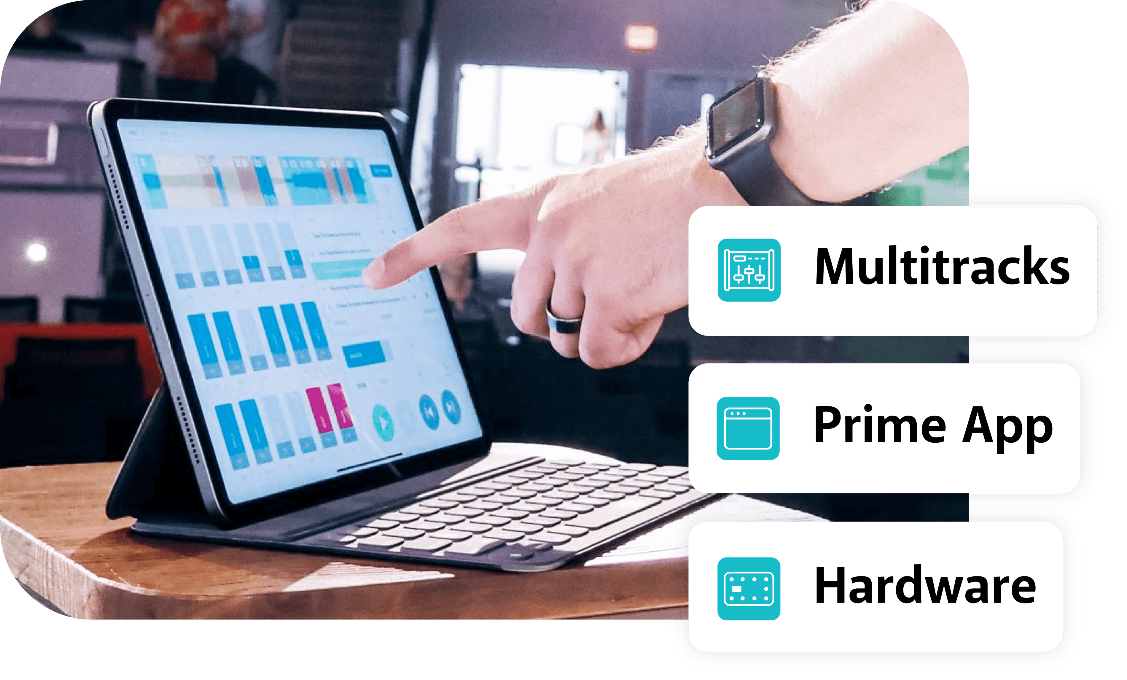 Una persona que toca la pantalla de un iPad muestra una aplicación LoopCommunity con las palabras que se muestran: Multipistas, Aplicación Prime, Hardware.