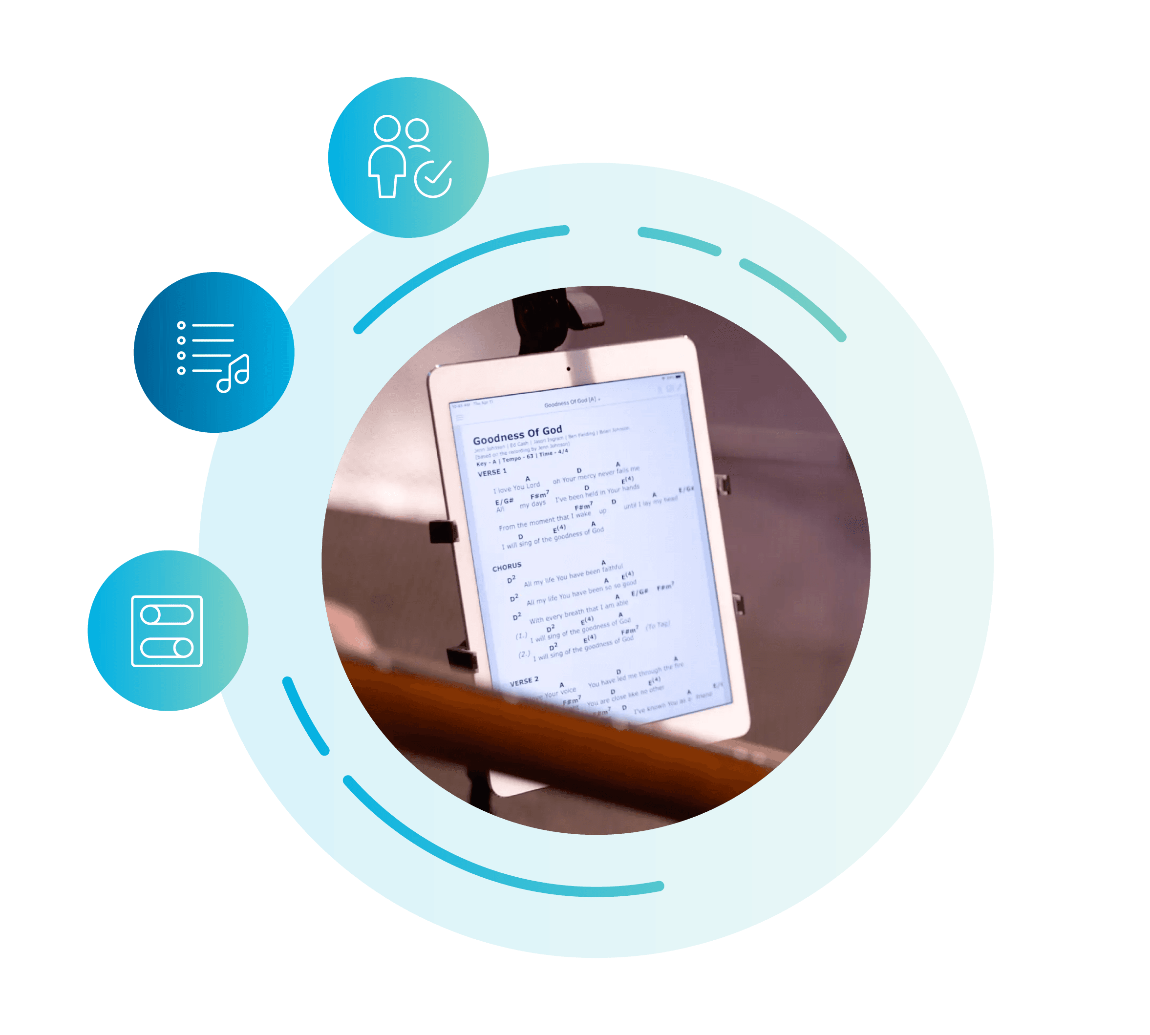 송셀렉트를 설명하는 일러스트로, 태블릿 컴퓨터 화면에 악보가 표시된 모습을 보여줌
