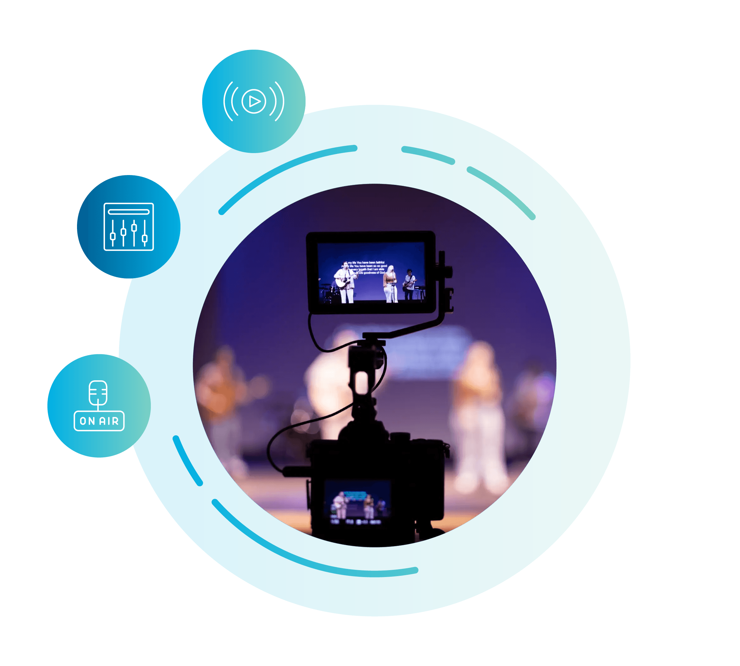 Illustration for the CCLI Streaming License showing a camera focussed on a stage during worship
