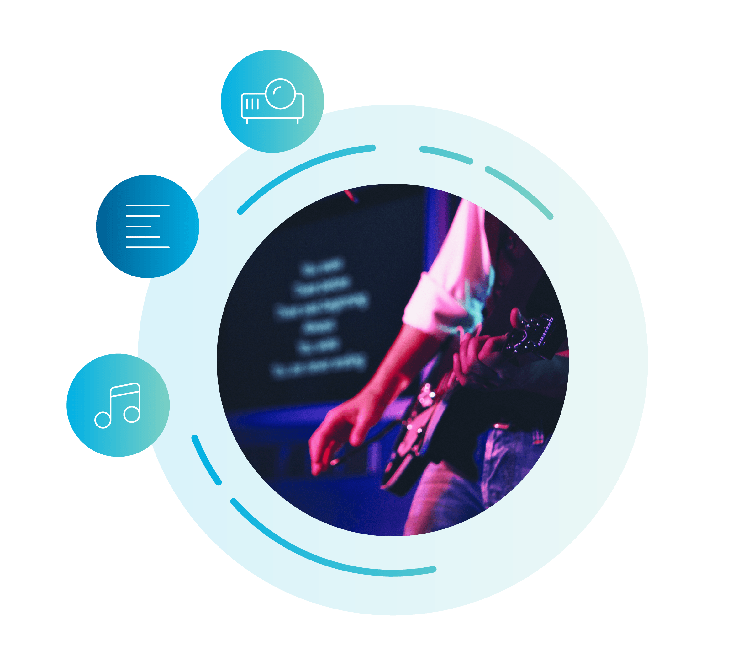 Illustration for Church Copyright License showing guitarist in front of lyrics on a big screen