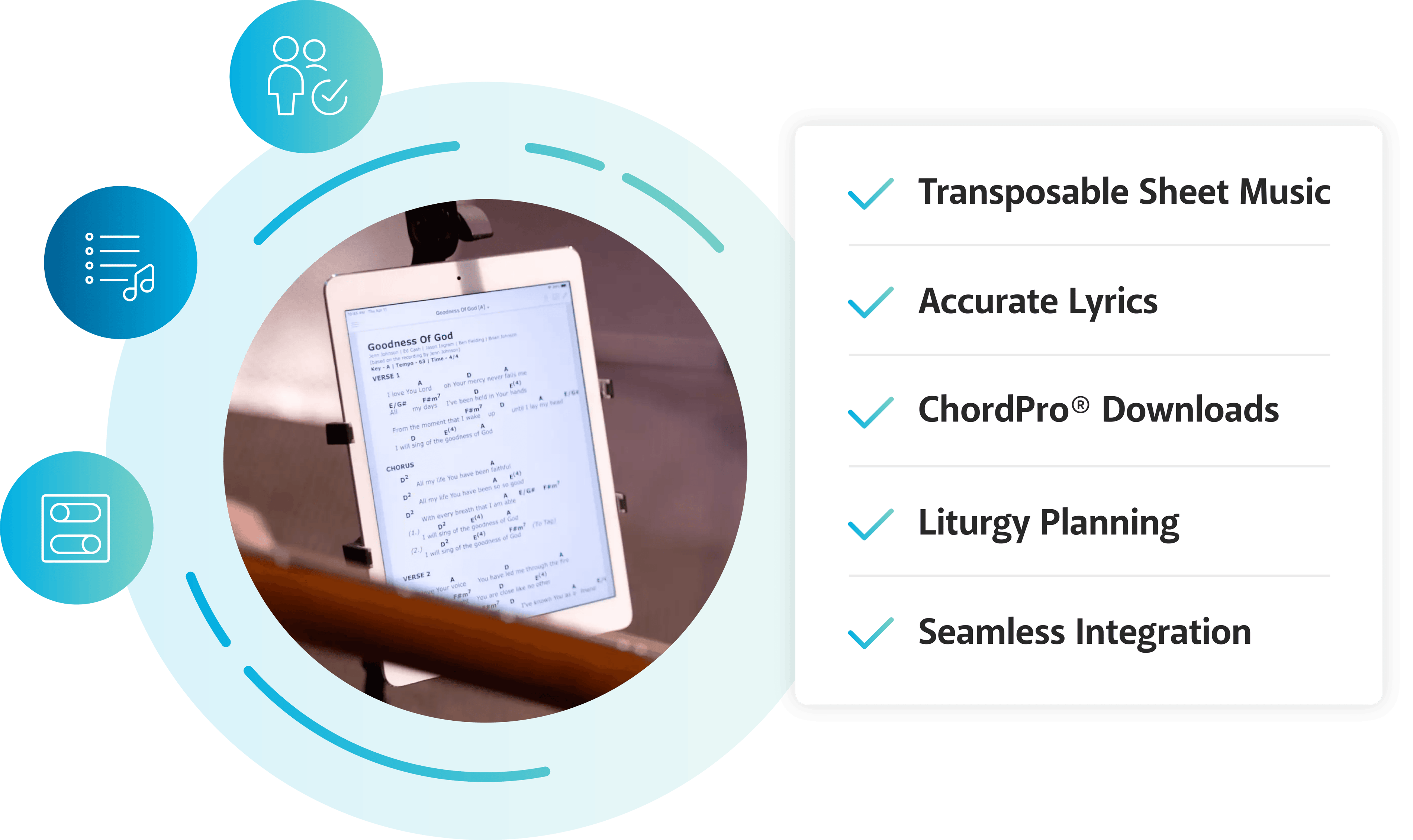A music stand holds a smart device that displays a Chord Chart for the song "Goodness Of God."