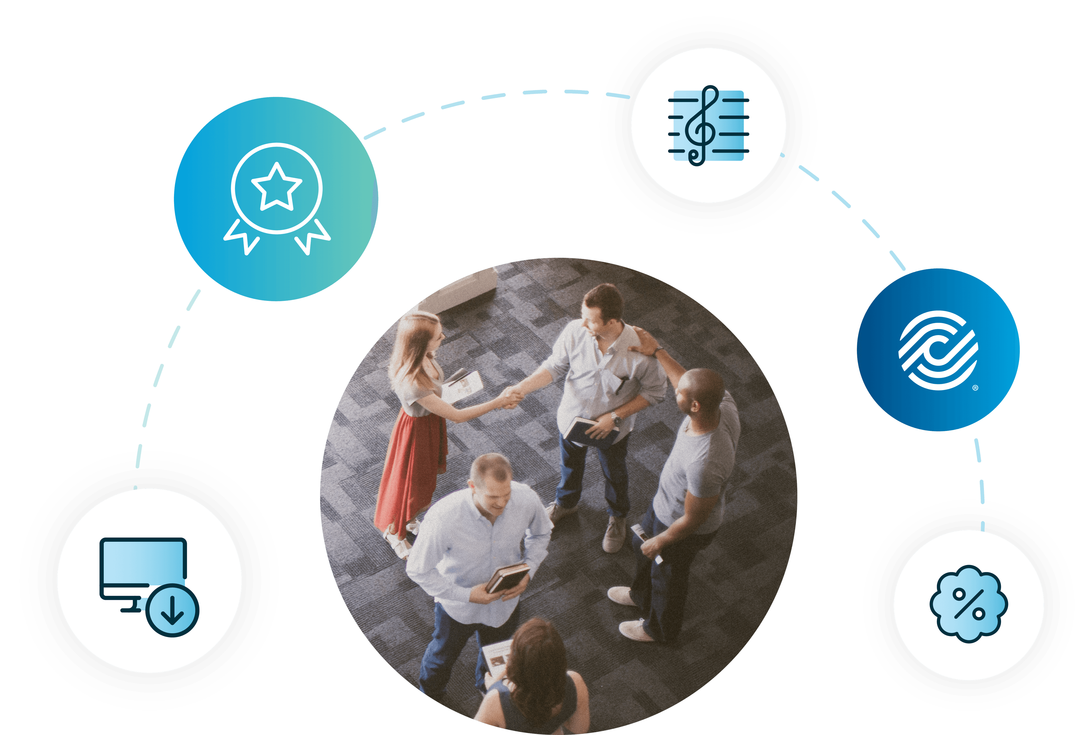 A group of people greeting in an open floor space.