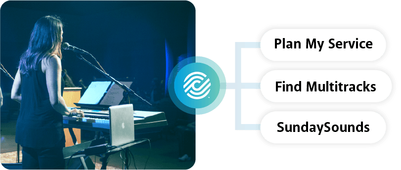View of a worship leader on a microphone and playing on a keyboard. With the items written: Plan My Service, Find Multitracks, SundaySounds.
