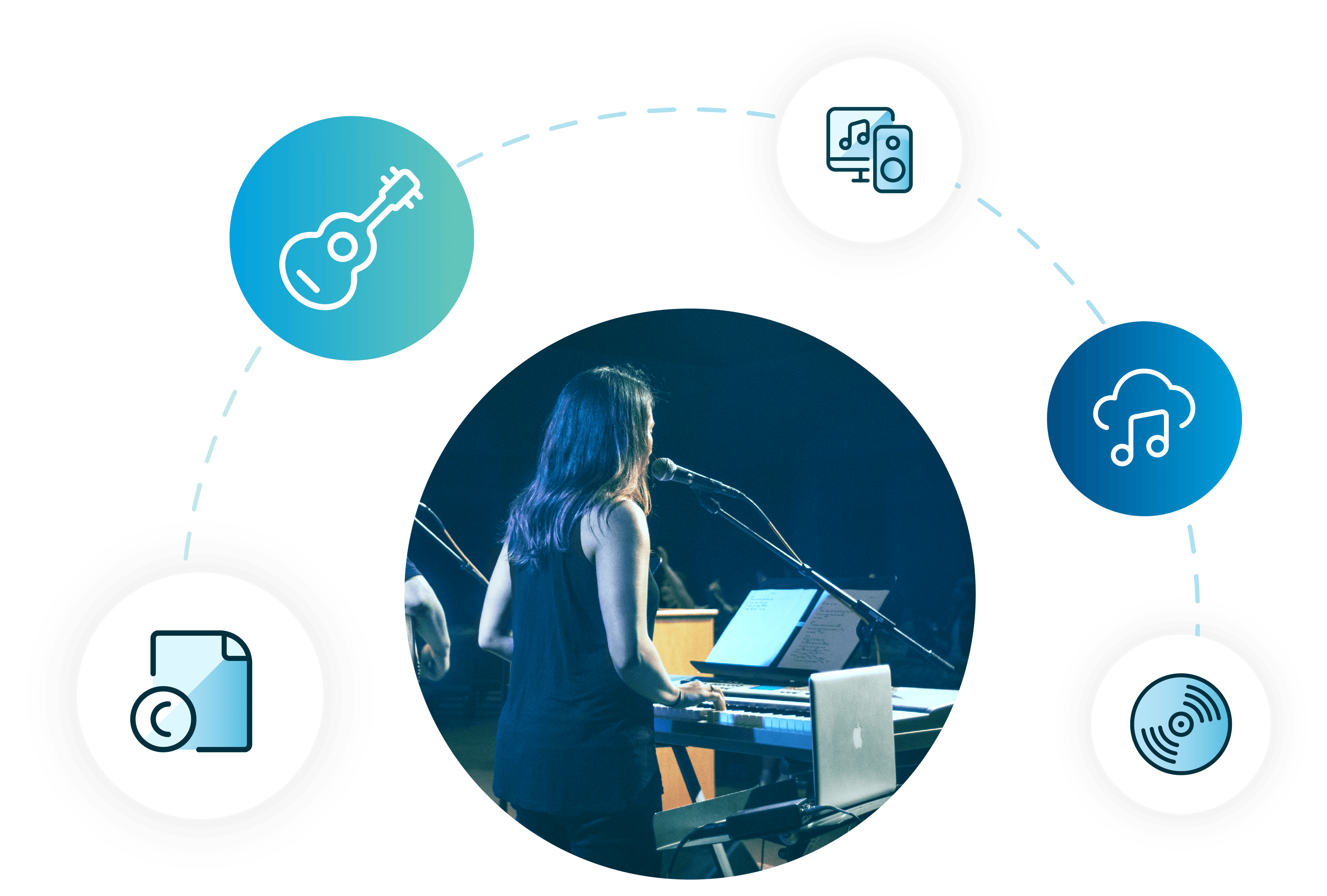 Vue d’un responsable de louange sur un microphone et jouant sur un clavier.