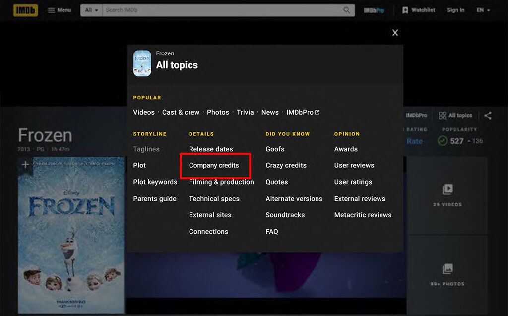 Screenshot showing how to find Company Credits on the IMDb website.