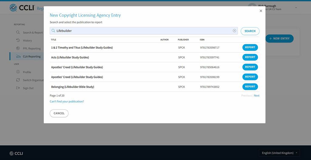 Screenshot showing the CLA select publication modal within the CCLI Reporting tool.