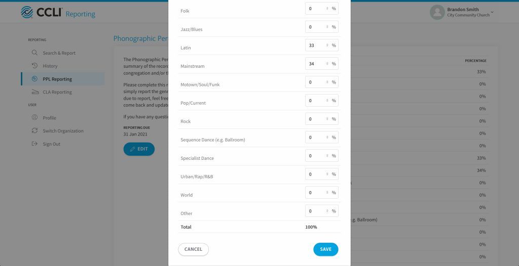 Screenshot showing the PPL Church Licence reporting experience within the CCLI Reporting tool.