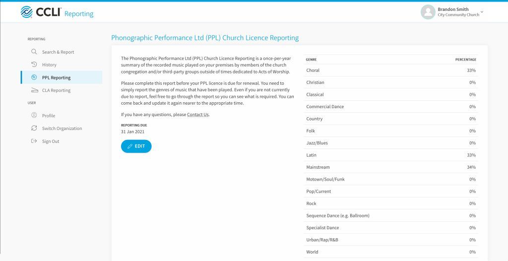 Screenshot showing the PPL Church Licence reporting page within the CCLI Reporting tool.