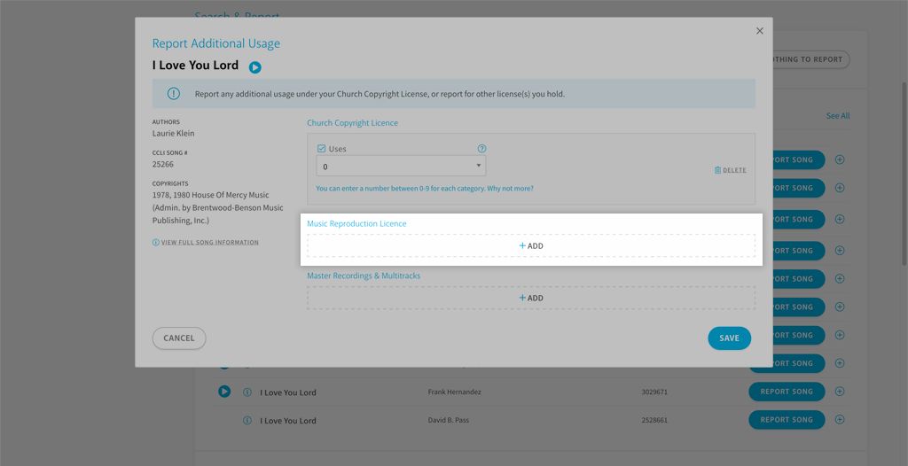 Screenshot showing the Music Reproduction Licence section within the CCLI Reporting tool.