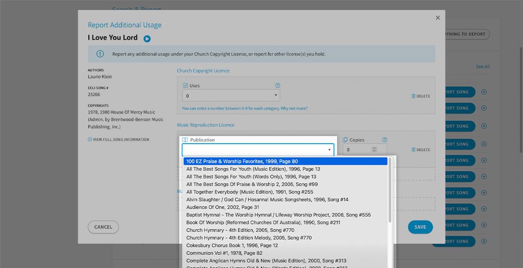 Screenshot showing the Publication drop down within the CCLI Reporting tool.