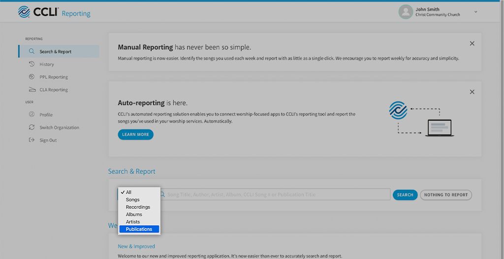 Screenshot showing how to Select Publication within the CCLI Reporting tool.