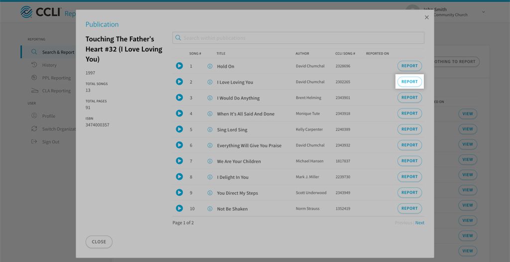 Screenshot showing the REPORT button for a song from a publication within the CCLI Reporting tool.