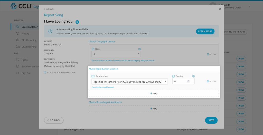 Screenshot showing how to enter copies made from a publication within the CCLI Reporting tool.